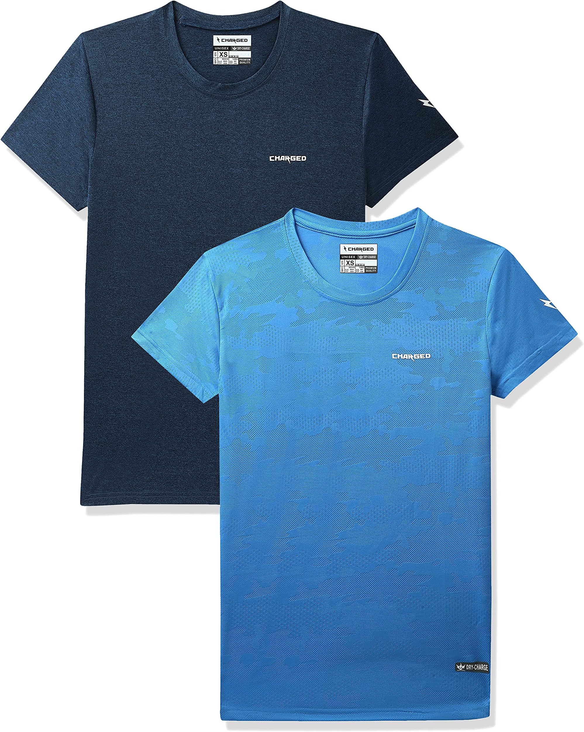 CHARGEDActive-001 Camo Jacquard Round Neck Sports T-Shirt Scuba Size Xs And Charged Endure-003 Chameleon Spandex Knit Round Neck Sports T-Shirt Teal Size Xs