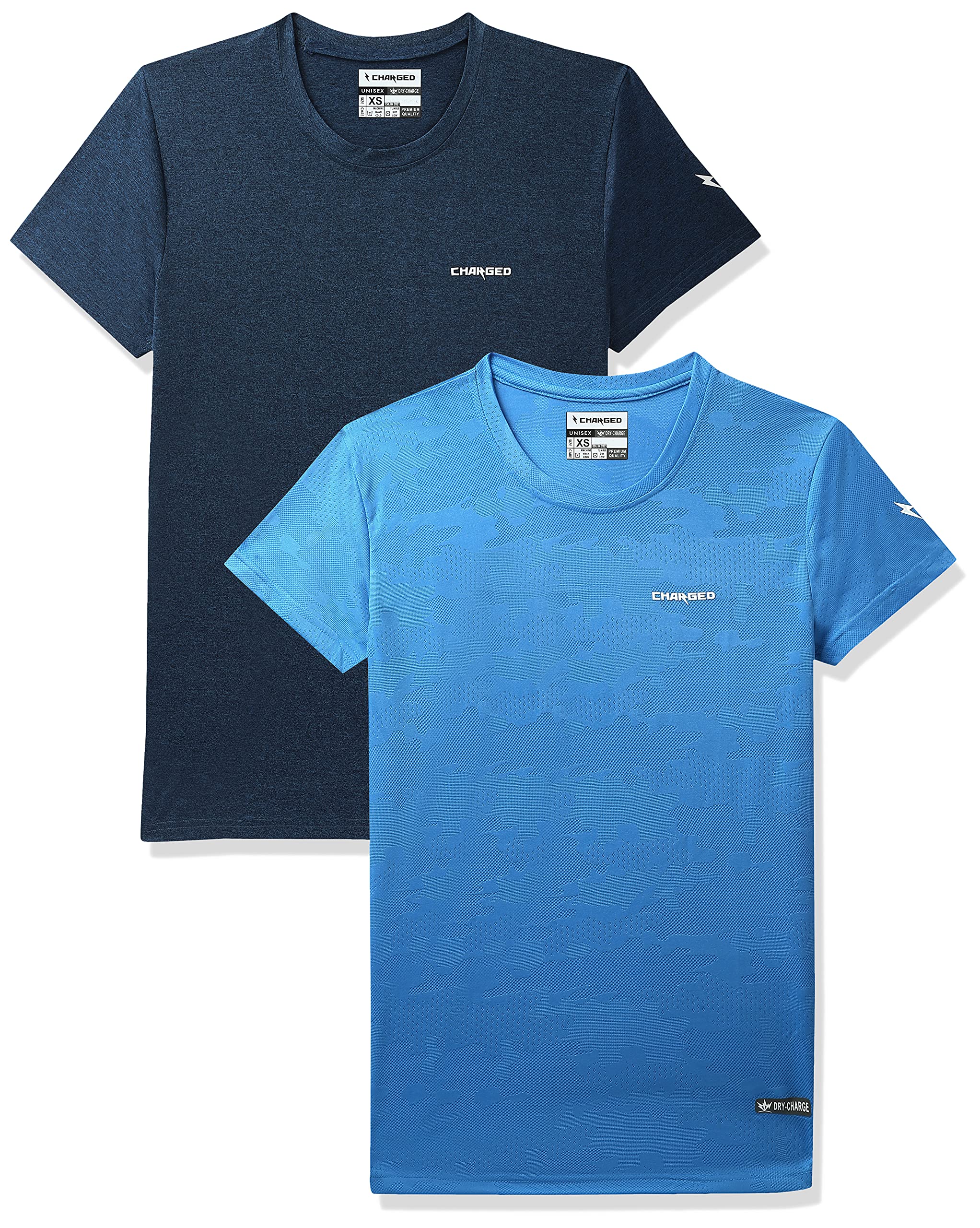 CHARGEDActive-001 Camo Jacquard Round Neck Sports T-Shirt Scuba Size Xs And Charged Endure-003 Chameleon Spandex Knit Round Neck Sports T-Shirt Teal Size Xs