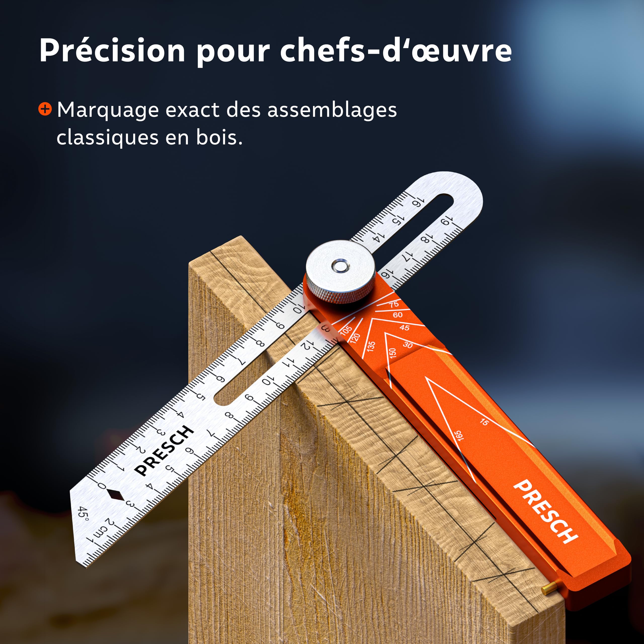 Presch Fausse Équerre incl. règle supplémentaire - 190mm & 270mm - Transfert d'angle précis - Règle avec fonction de trusquin fraisée en aluminium usiné avec précision & en acier inoxydable