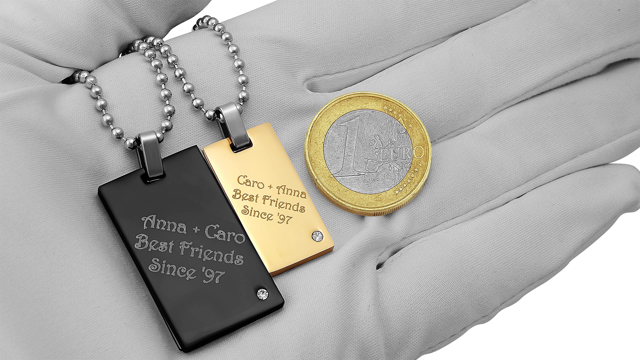 2 Stück Personalisierte Kette mit Gravur Edelstahl 50 und 60 cm mit Anhänger Dog Tag mit Stein in silber schwarz gold - Personalisierte Geschenke für Damen Herren Freundin Freund