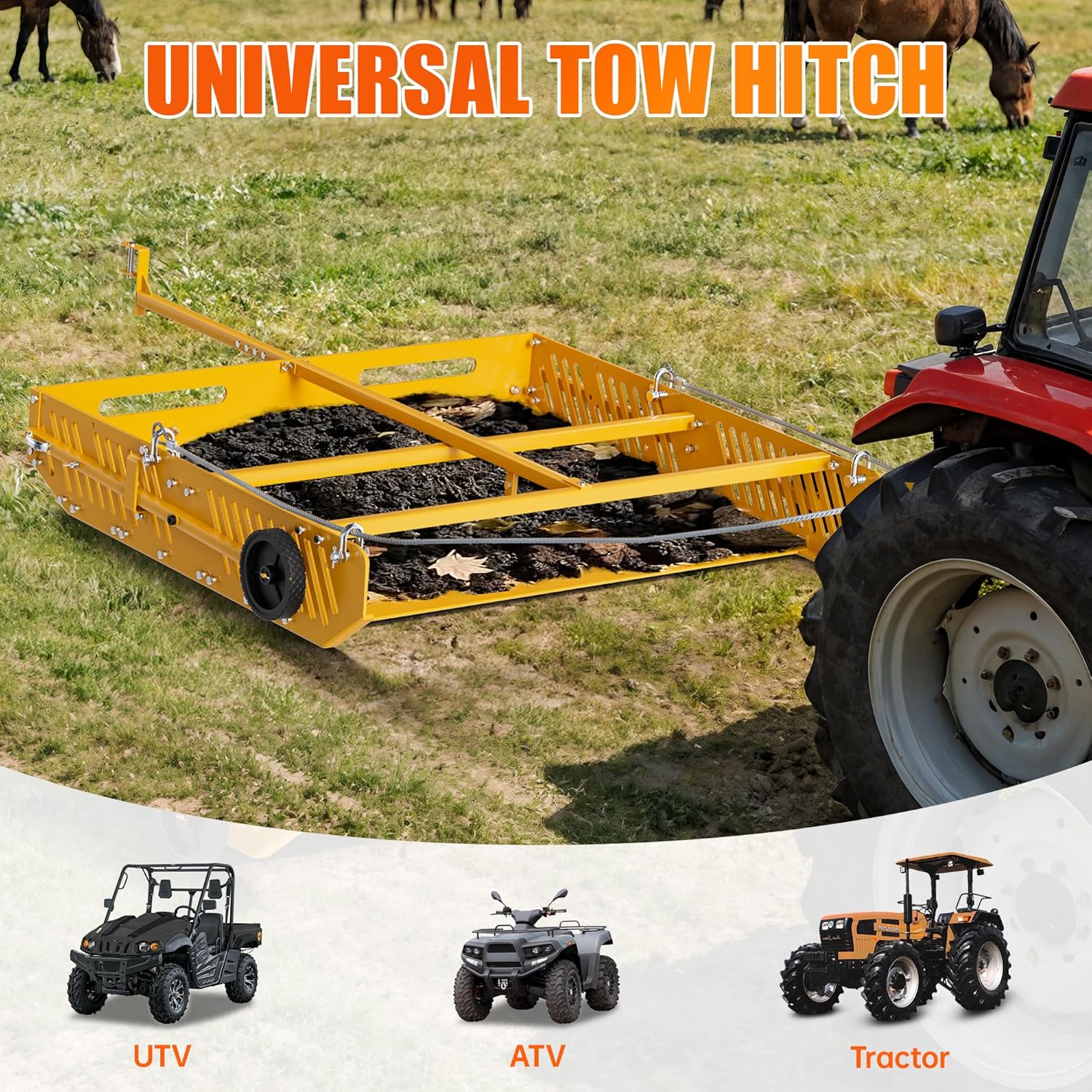Yellow Horse Manure Scoop Tow Behind, 2-in-1 Tow Behind Manure Collector & Horse Paddock Cleaner, Pull Behind Pasture Manure Scoop for ATV UTV Tractor, Heavy Duty Horse Pasture Cleaner Yard Sweeper
