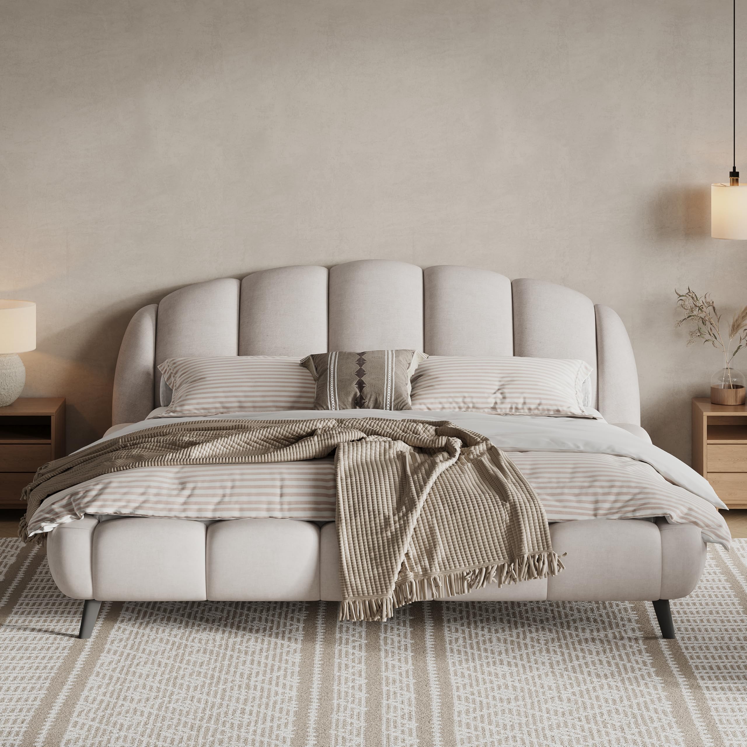 Shell-Shaped King Bed Frame with Thick Headboard & Headboard for Bedroom, Light Luxury Chenille Upholstered Platform Bed with Metal Legs/Solid Rubber Wood/Wooden Slats Support, No Box Spring Needed