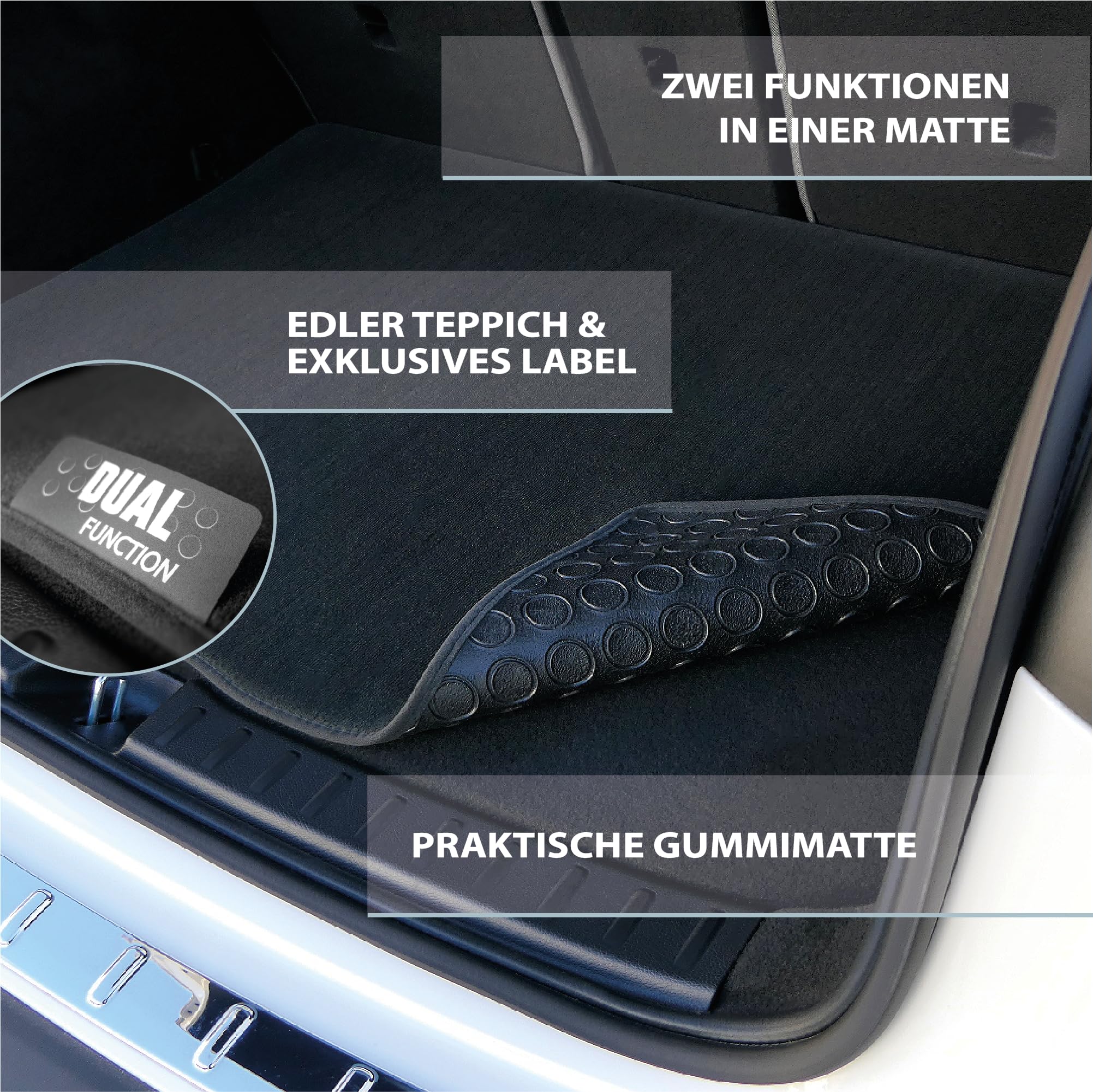 Dual Function – Kofferraummatte Passend für Ford Focus 4 Turnier | BJ 09/2018-11/2025 (5-Türer) | beidseitig nutzbare pflegeleichte & wasserdichte Schutzmatte f. das Auto | Made in Germany