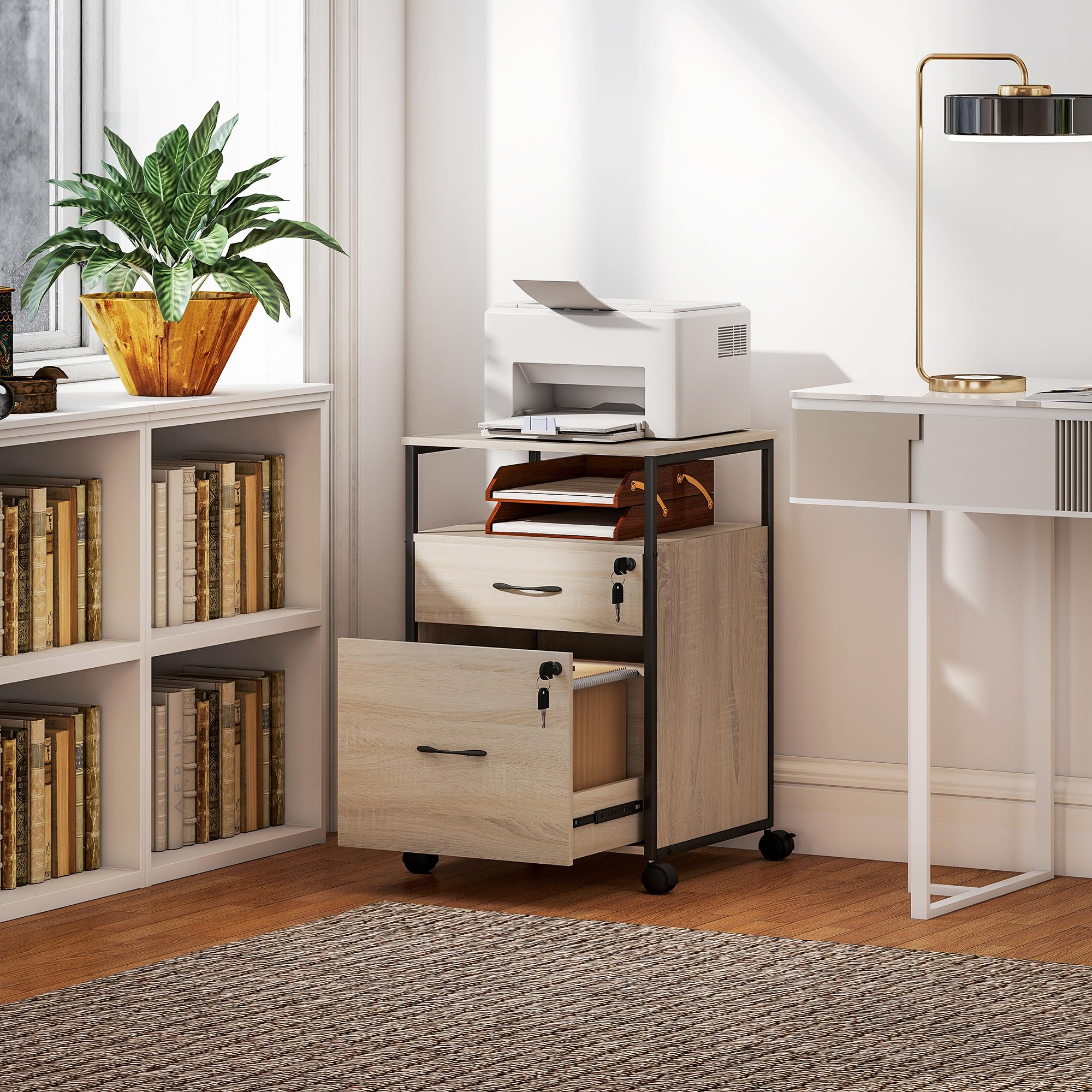 Vinsetto Cassettiera per ufficio con 2 cassetti, cassetto per scrivania con ruote, barra appendiabiti, serratura e 2 chiavi per lettere A4, schedario mobile per studio, 44x40x66,5 cm, naturale