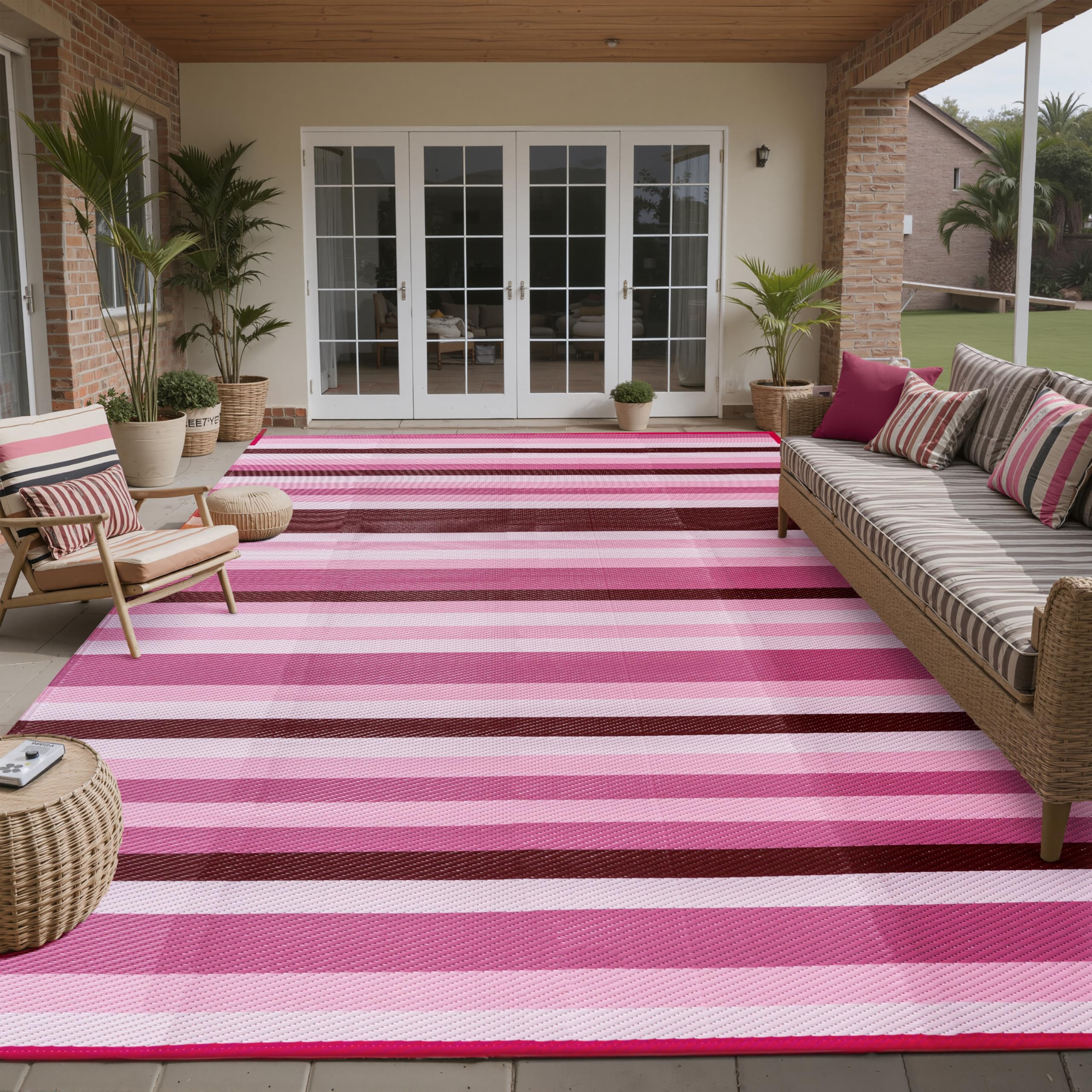 HUGEAR Outdoor Waterproof Rug 6'x9' Plastic Straw Rugs Washable Reversible Floor Mat Pink Stripe Carpet for Camping RV Deck Entryance Porch Picnic Balcony Beach Backyard-image-39