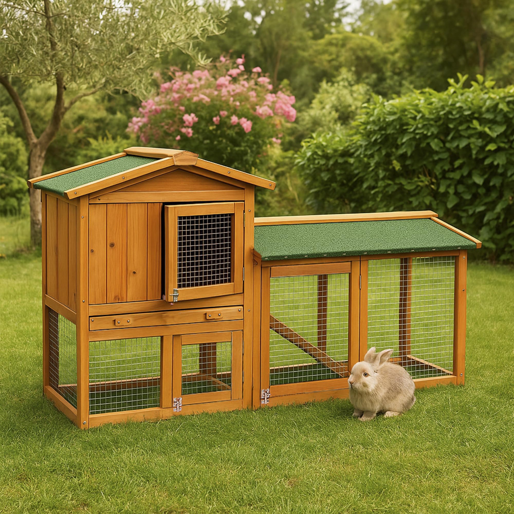 Wooden Pet Rabbit Hutch, 2 Tier Double Bunny Guinea Pig Animal House Home Run Cage With Sliding Tray