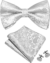 Gusleson Mens Paisley Bow Tie Handkerchief Jacquard Woven Adjustable Pre-Tied Bowties Pocket Square Cufflinks Set