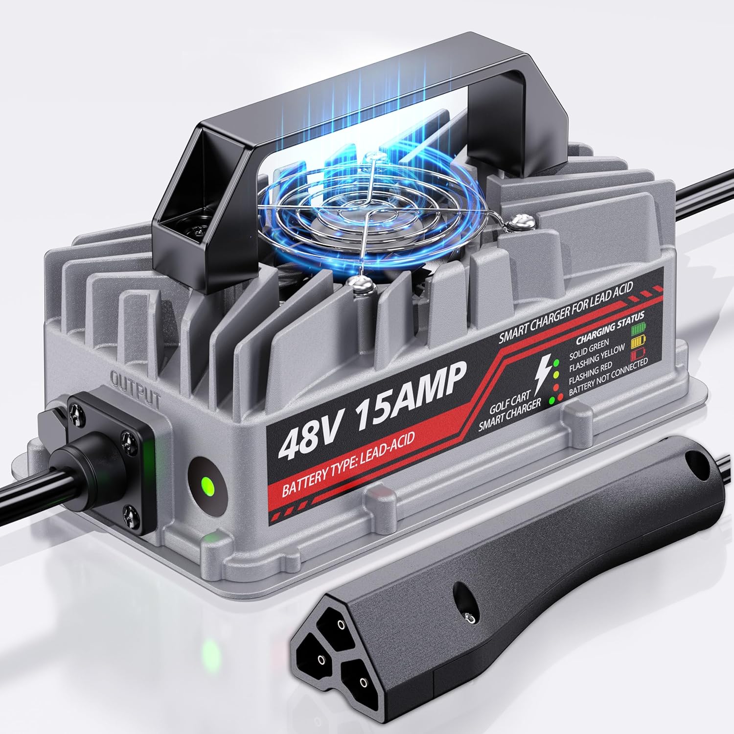 15 Amp 48 Volt Golf Cart Battery Charger for EZGO RXV & TXT - 3-Pin Triangular Plug, Smart Charger for Lead-Acid Batteries, IP67 Waterproof, Multi-Protection, Unique Design (Silver)