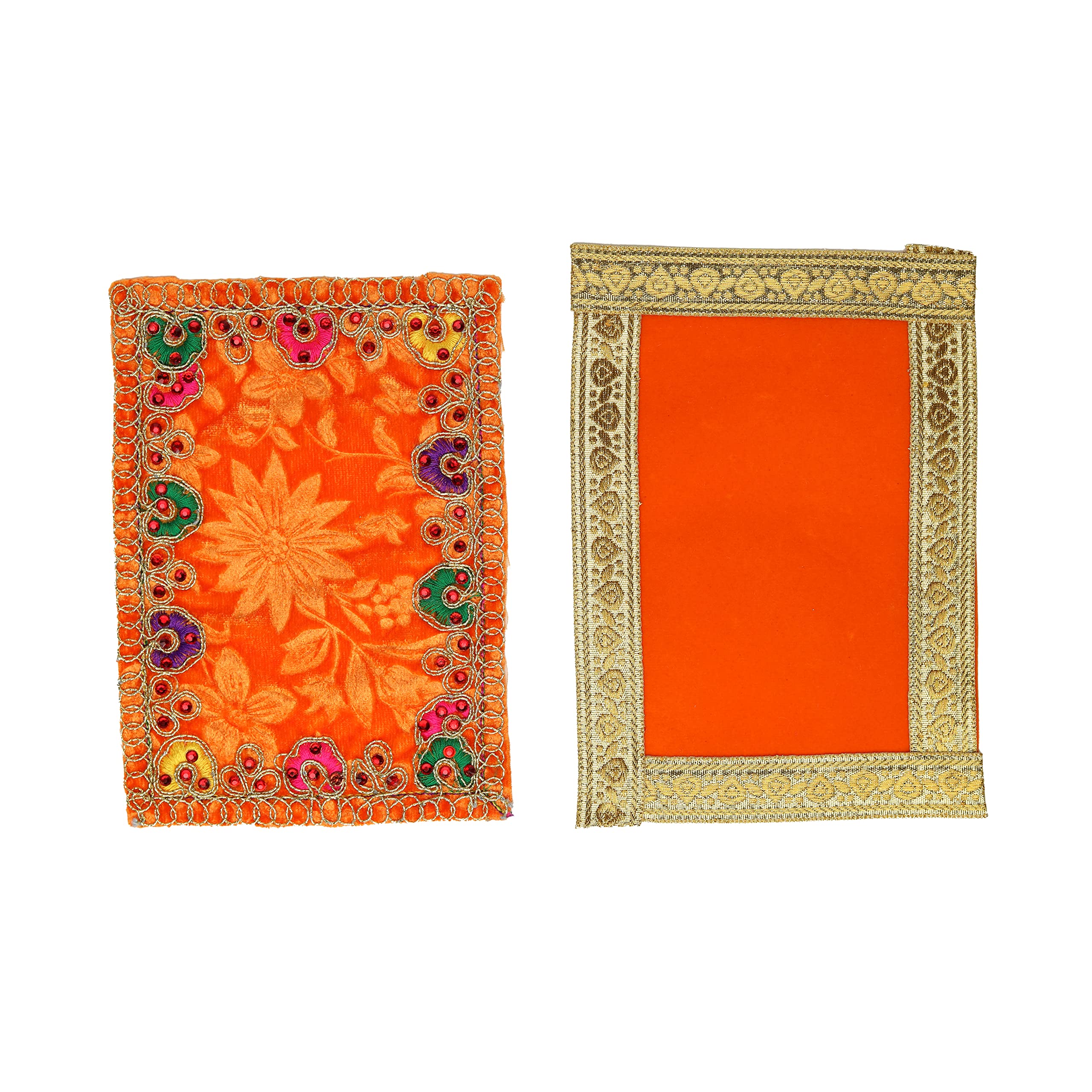 Puja Aasan Set - 2 Stück Samt Tücher 18x12 Zoll Für Gebetsaltar, Rot & Gelb Mit Sequins