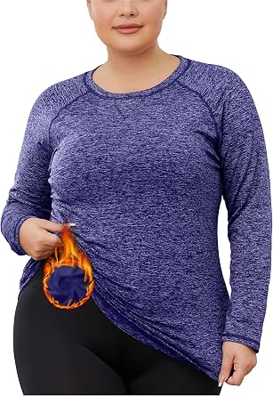 FOREYOND Womens Plus Size Thermal Fleece Tops Long Sleeve Running Athletic Shirt Workout Tops Thermal Underwear