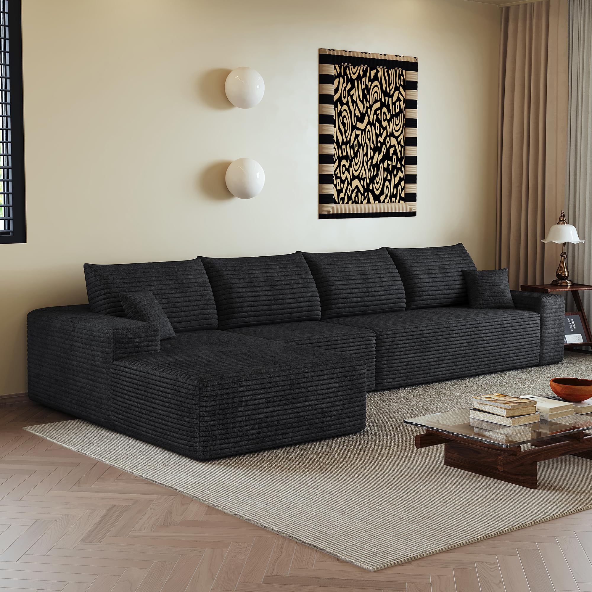 Canapé d'angle Convertible 4 Places 340cm Canapé Modulable - Sofa L Cloud en Velours Côtelé Compressé sous Vide - Grand Assise Profonde pour Salon, Chambre, Appartement - sans Outil