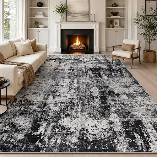Capslpad Black Abstract Area Rug 200x300cm Modern Short Pile Soft Faux Wool Living Room Rug Washable Indoor Rug Non Slip Minimalist Floor Mat Rugs for Living Room Bedroom Office Area Kitchen Decor
