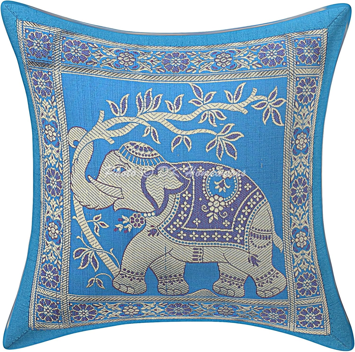 Decorative Throw Cushion Covers 12 Inch Brocade Jacquard Weave Indian Square Elephant Cushion Covers (Size - 30x30 cm ; Color: Turquoise & Gold) - Set of 5 Pcs (Cover Only)