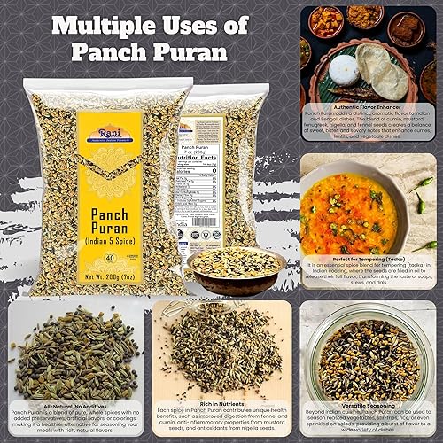Miniatura 6 de Rani Panch Puran 5 especias 7 oz 200 g  Todo Natural  Vegano  Gluten  Sin OGM  Origen indio mezcla igual de alholva mostaza KalonjiNigella hinojo y