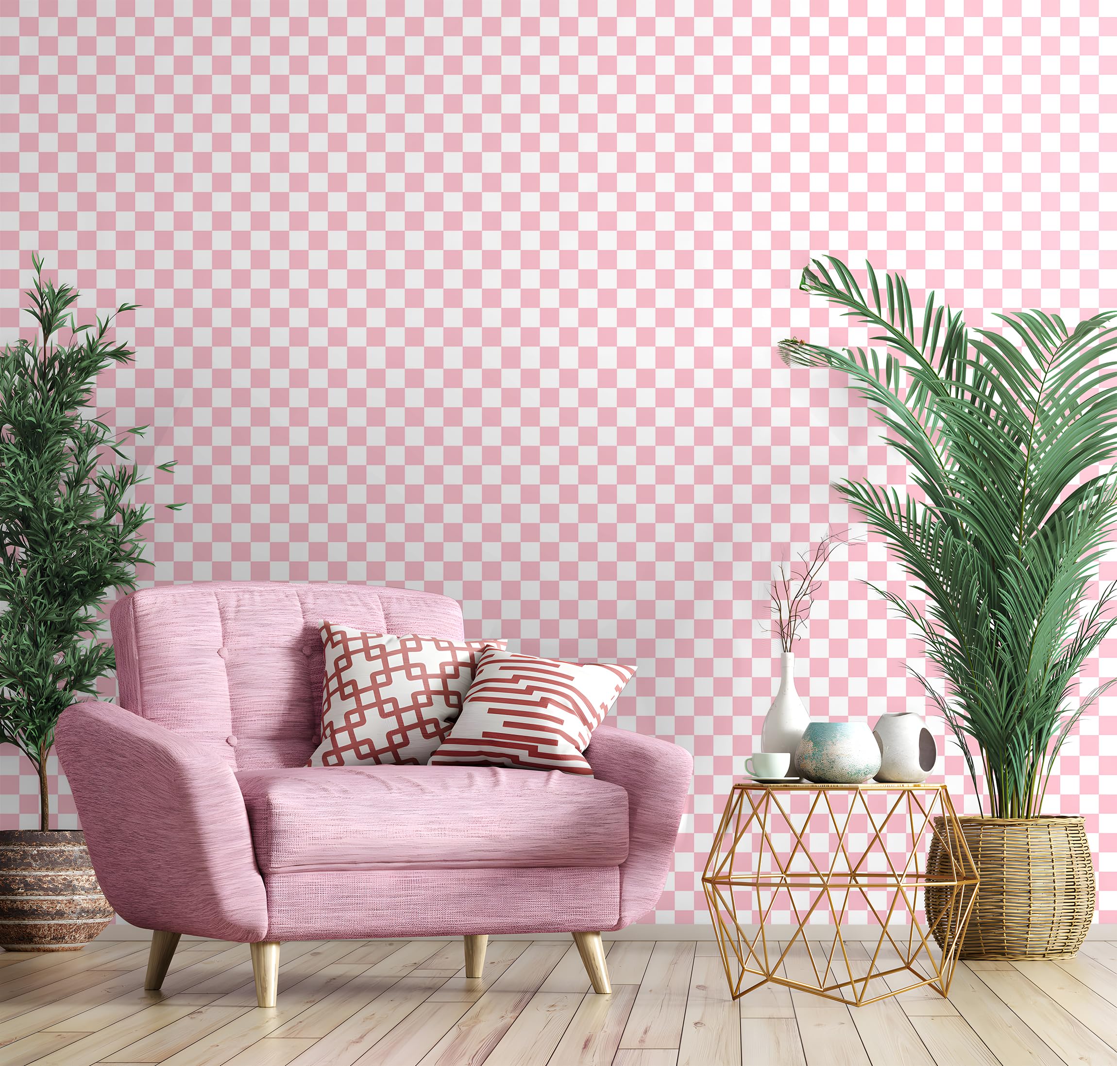 ICYEHAO Selbstklebende Tapete Rosa Weiß, 44 x 1000 cm Geometrische Tapete Klebefolie Möbel Rosa Quadrat Muster Klebetapete Möbelfolie Selbstklebend für Badezimmer Wohnzimmer Schlafzimmer Küche