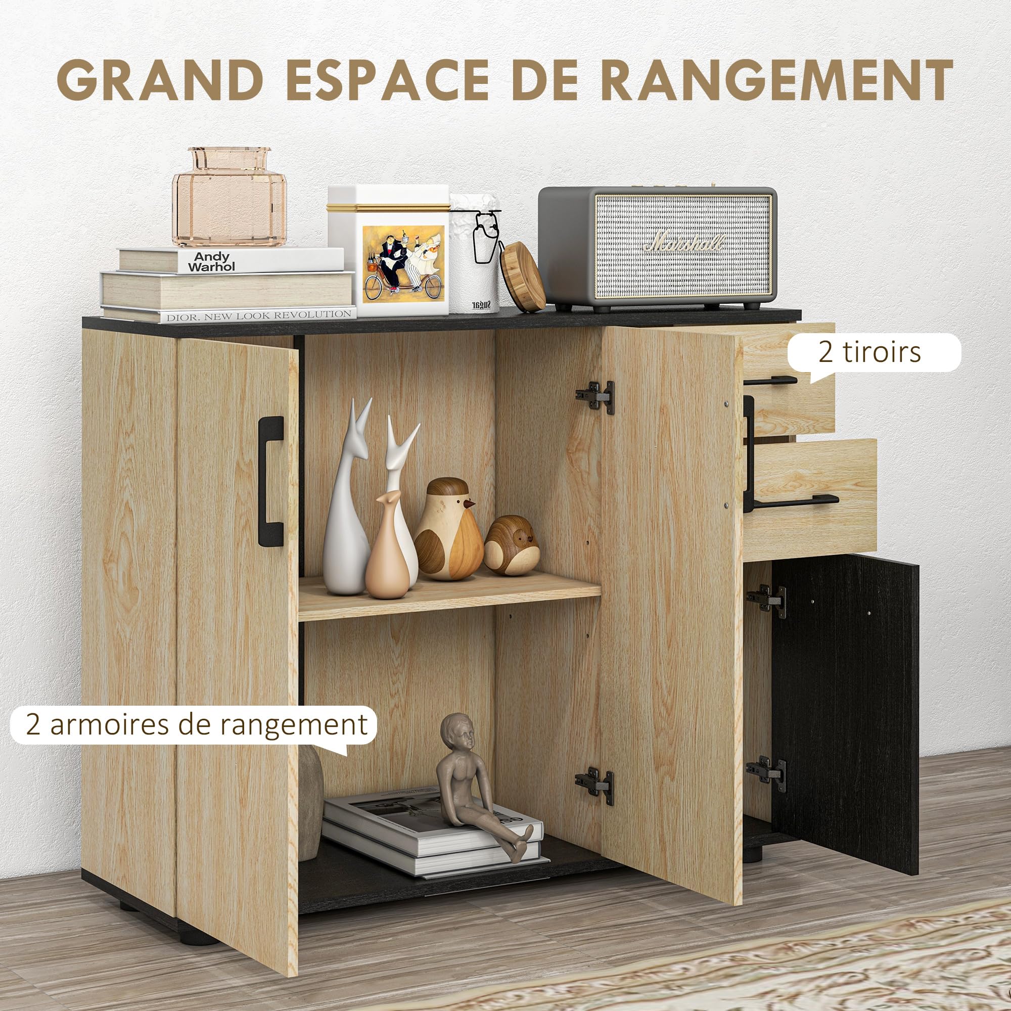 HOMCOM Buffet Salon, Meuble de Rangement avec 3 Portes, 2 tiroirs et étagère réglable, Style Moderne, Buffet Salle à Manger, Cuisine et Salon, 90 x 30 x 75,5 cm, Noir et Bois Naturel