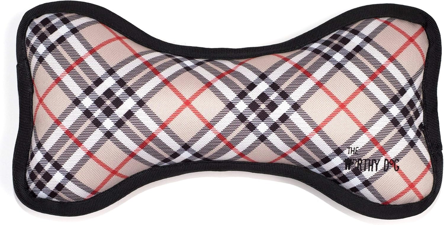 The Worthy Dog Tough Bias Plaid Bone Dog Toy, Fun Fetch Play with Squeaker for Puppy Dogs, Durable Material for Doggy Fun, Large - Tan