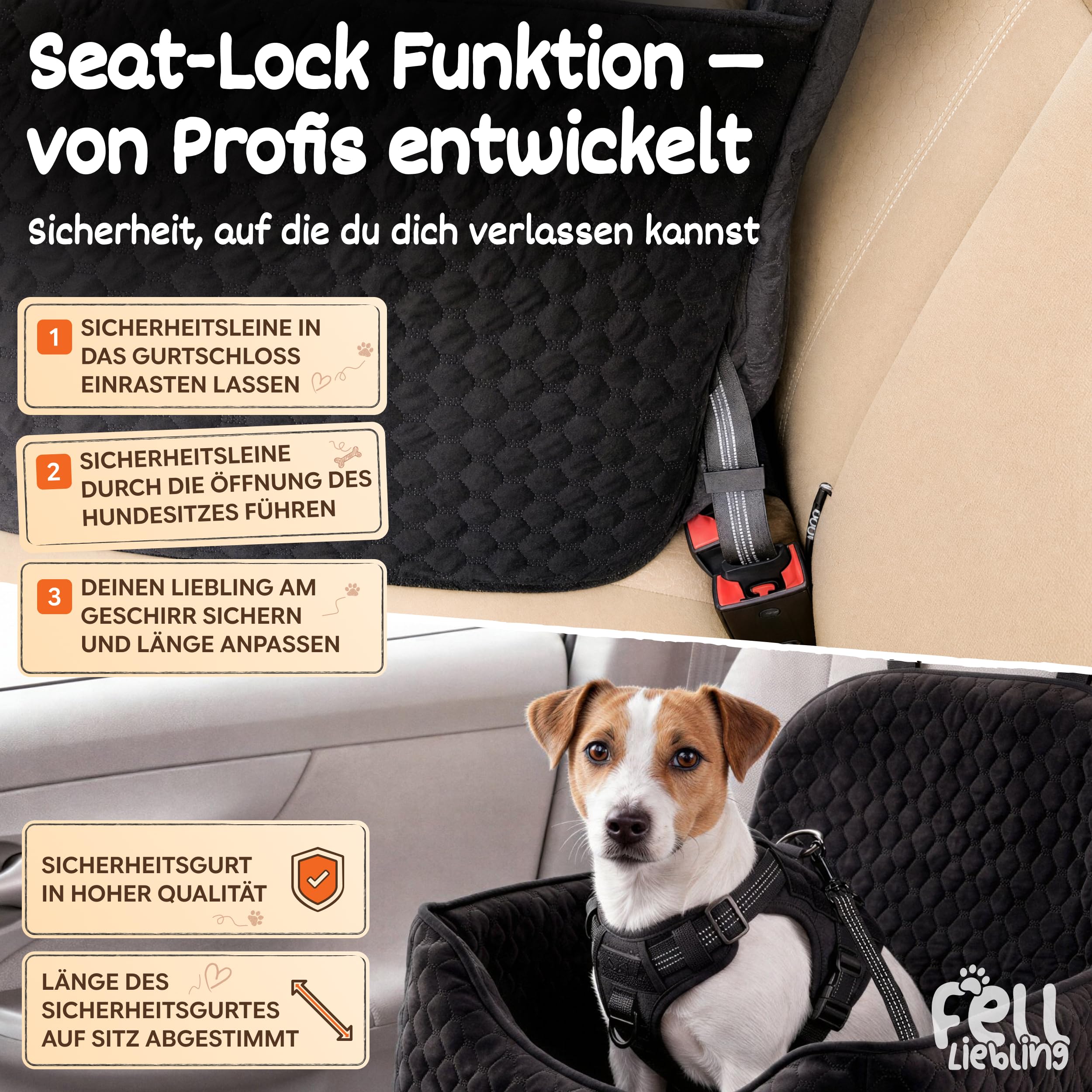 Premium Hunde Autositz für kleine bis mittlere Hunde [Testsieger] orthopädischer Autositz Hund, Hundesitz Auto Rückbank waschbar, Hundeautositz 3fach gesichert, Hundekorb Auto mit Sicherheitsgurt