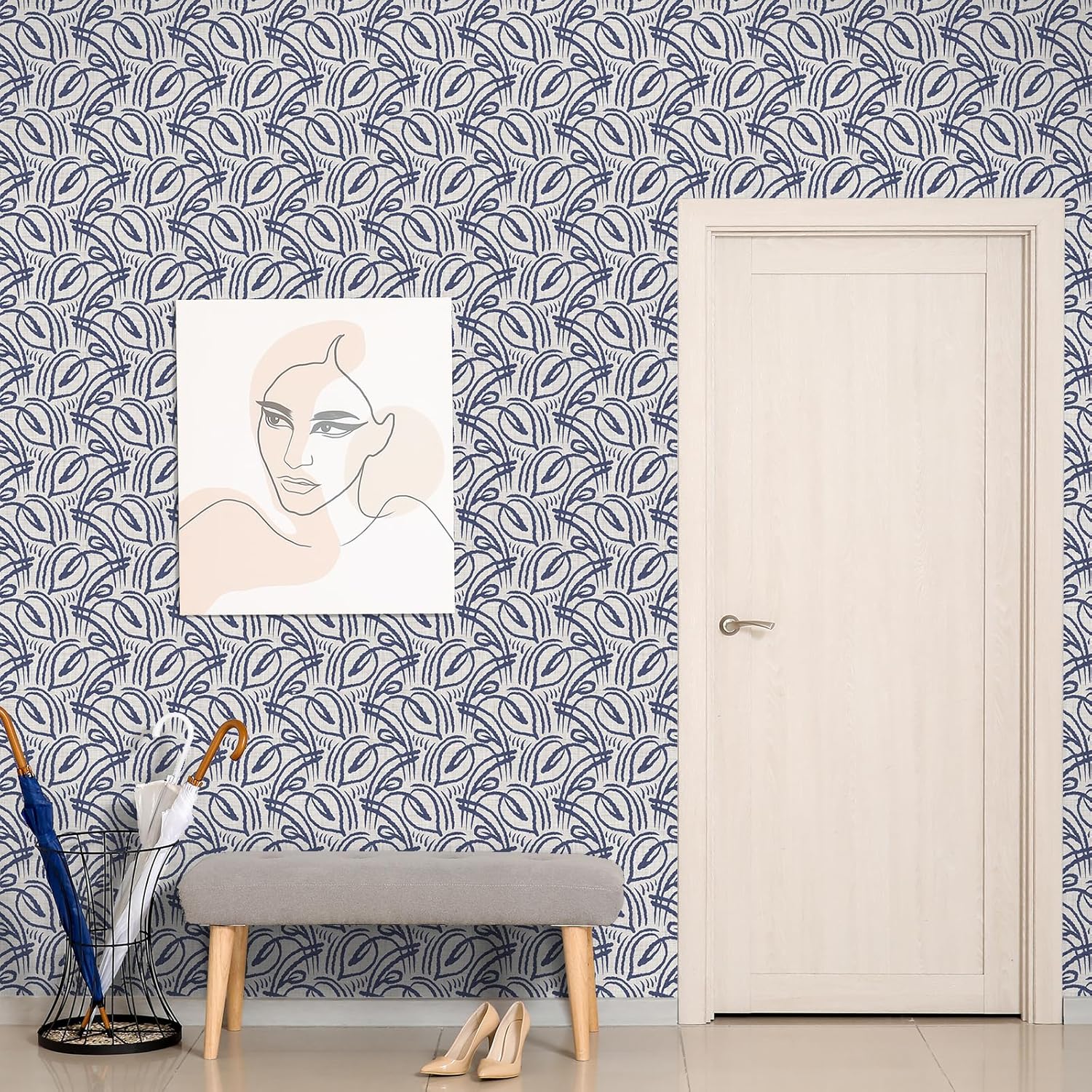 Blue Leaf Wallpaper Peel and Stick Boho Rustic Farmhouse Floral Foliage Wallpaper Removable Botanical Leaf Contact Paper for Bedroom Living Room Cabinet 12"x118" Decorative Wall Paper