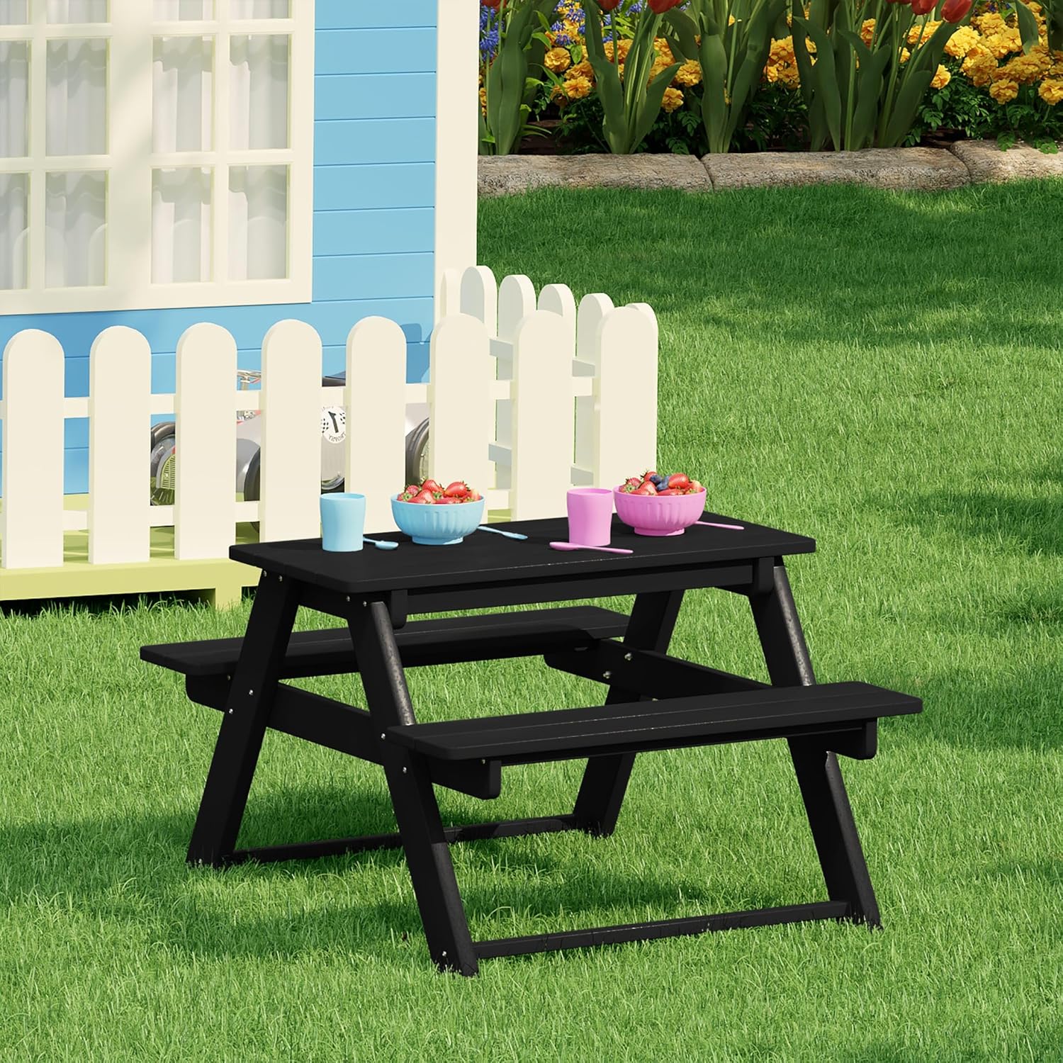 WestinTrends Malibu Outdoor Patio and Indoor Kids HDPE Plastic Picnic Bench Table, Black