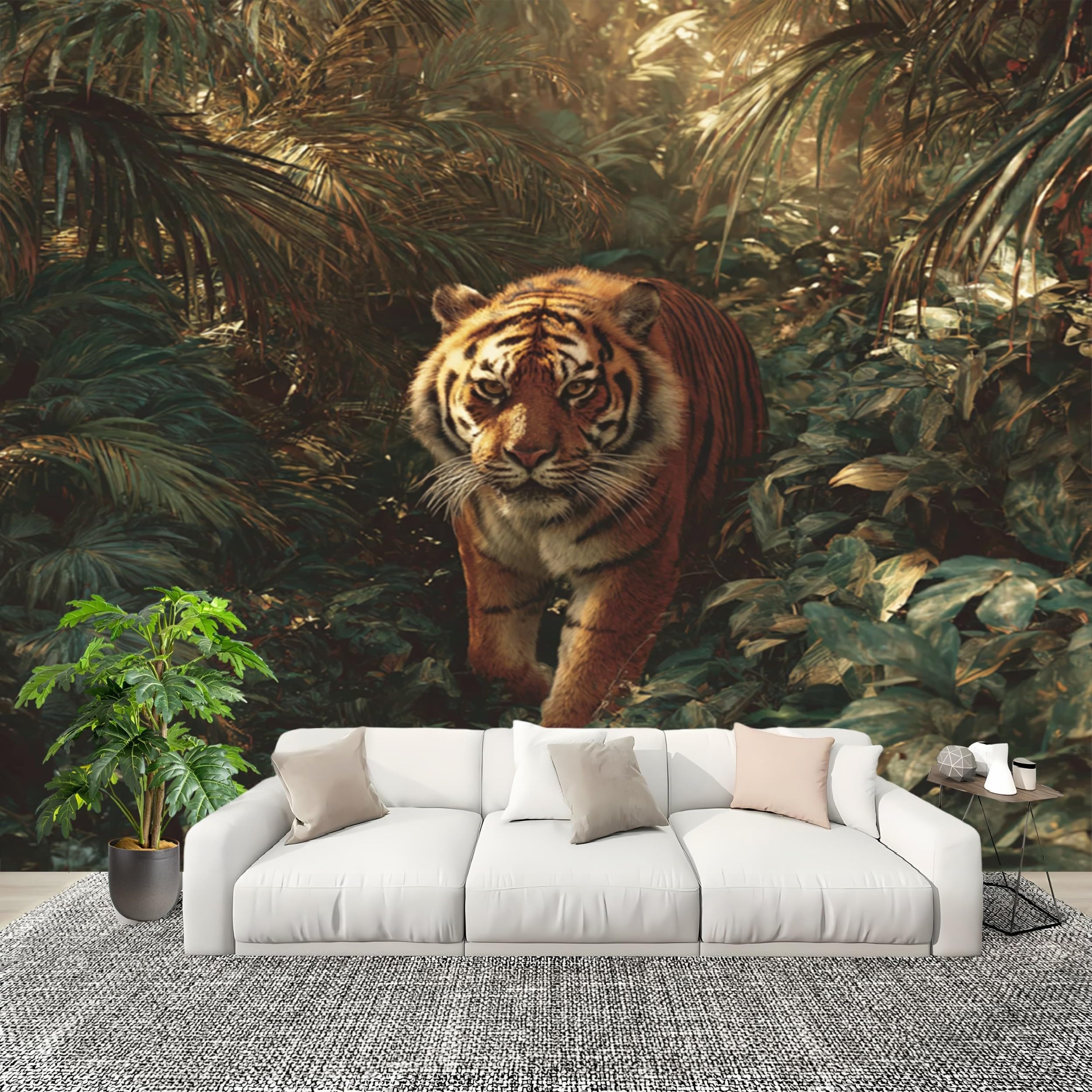 Carta Da Parati Fotografica Bambini 250x175 cm Tigre Della Giungla Tropicale Carta da Parati Panoramica Fotomurali in TNT Murale Verde Poster Gigante Design per Camera Ragazzo Ragazza