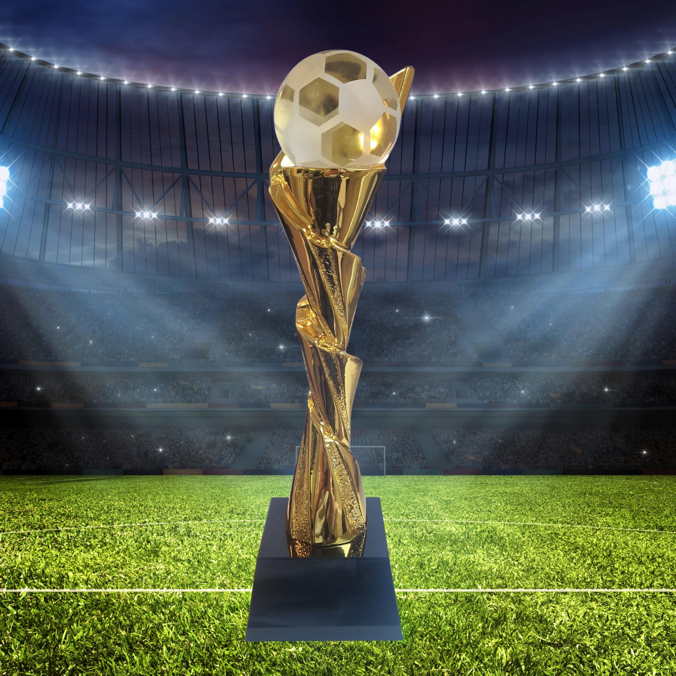 Fußball Pokal 27,5 cm mit Glasball auf Glassockel – edle Trophäe mit Goldener Säule aus schwerem Resin – hochwertiger Award mit Gravurschild für Vereine Turniere & Siegerehrungen