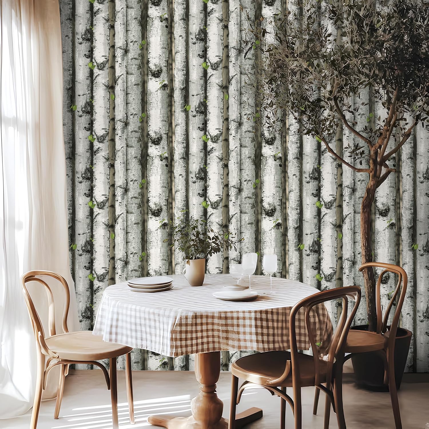 HAOKHOME Forest Wallpaper Peel and Stick Wood Birch Tree Removable Grey/Brown/Green Vinyl Contact Paper Self Adhesive Mural 17.3in x 32.8ft