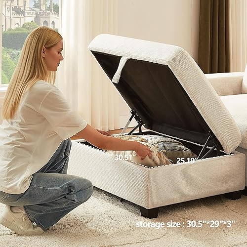 Miniatura 7 de Sofá modular de 122 pulgadas con consola y portavasos, sofá en forma de L con diván convertible, sofá de 4 asientos con otomana de almacenamiento,