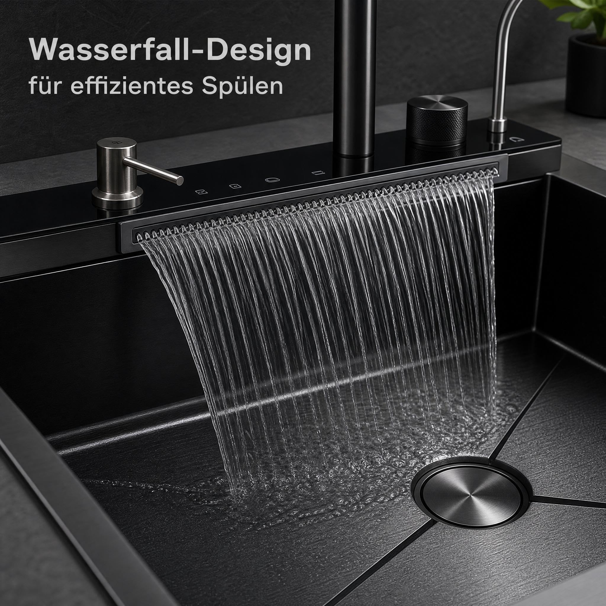 Spülbecken Schwarz 80 x 45cm Waschbecken Küche, 1 Becken Einbauspüle Edelstahl mit R-Abfluss, Nano-Oberfläche, Spülbecken mit Armatur Inkl Siphon & Über