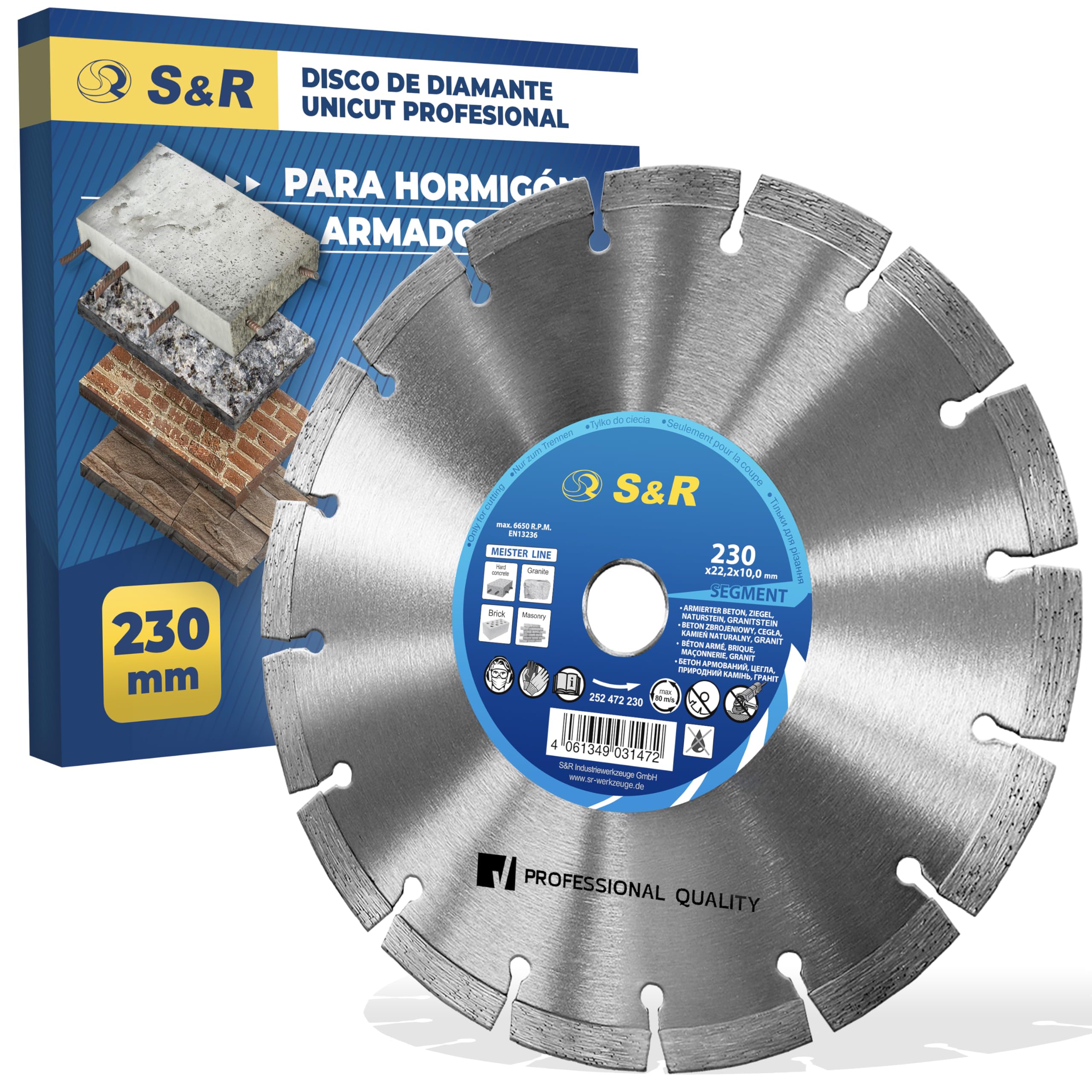 S&R Disco corte de Diamante 230 x 22,2 x 10 2,6 mm para Hormigón, Hormigón armado, Granito, Piedra natural, Ladrillo