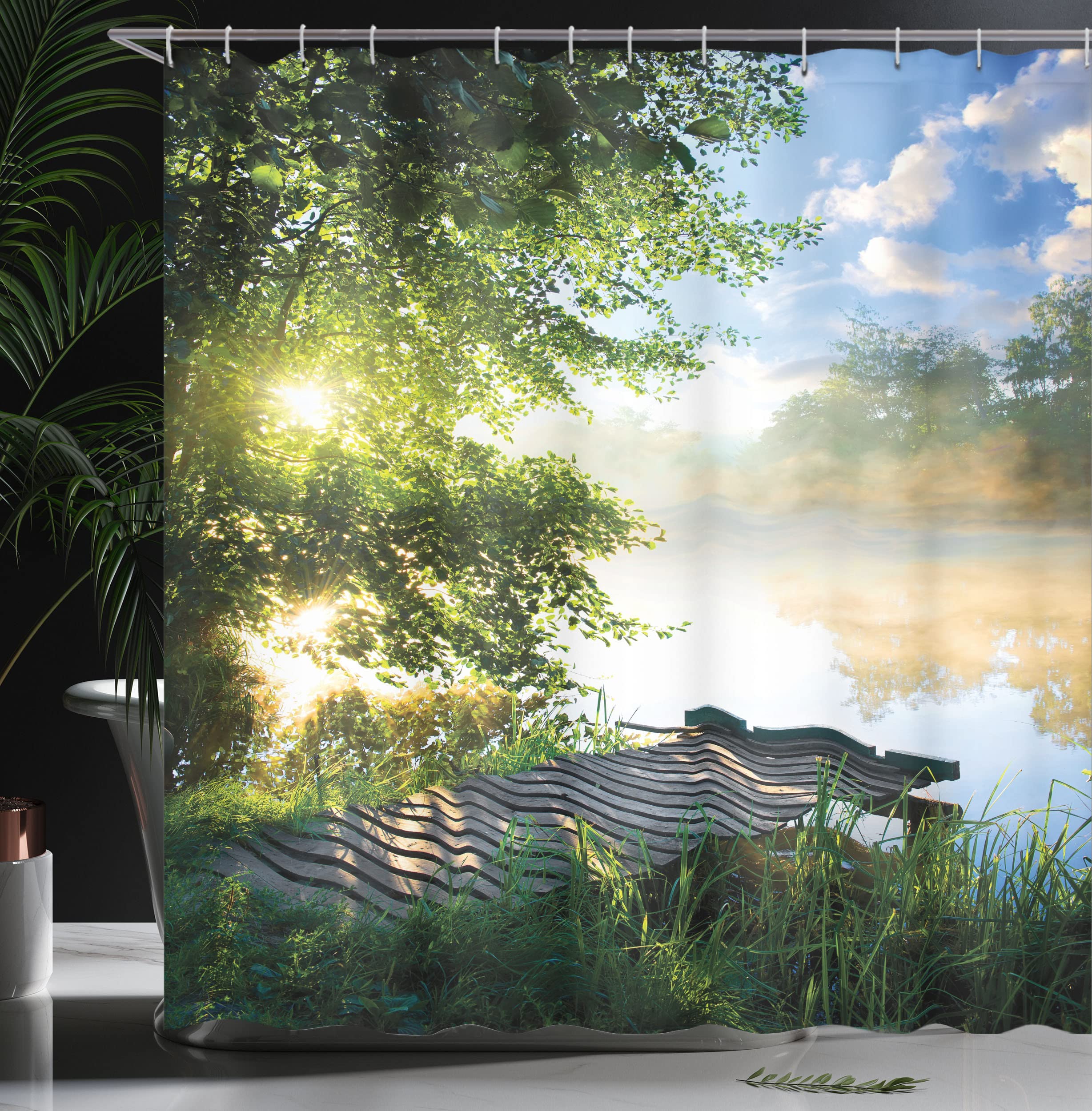 ABAKUHAUS Landscape Shower Curtain, Fishing Pier by River in the Morning Clouds and Trees Nature Image - Image 3