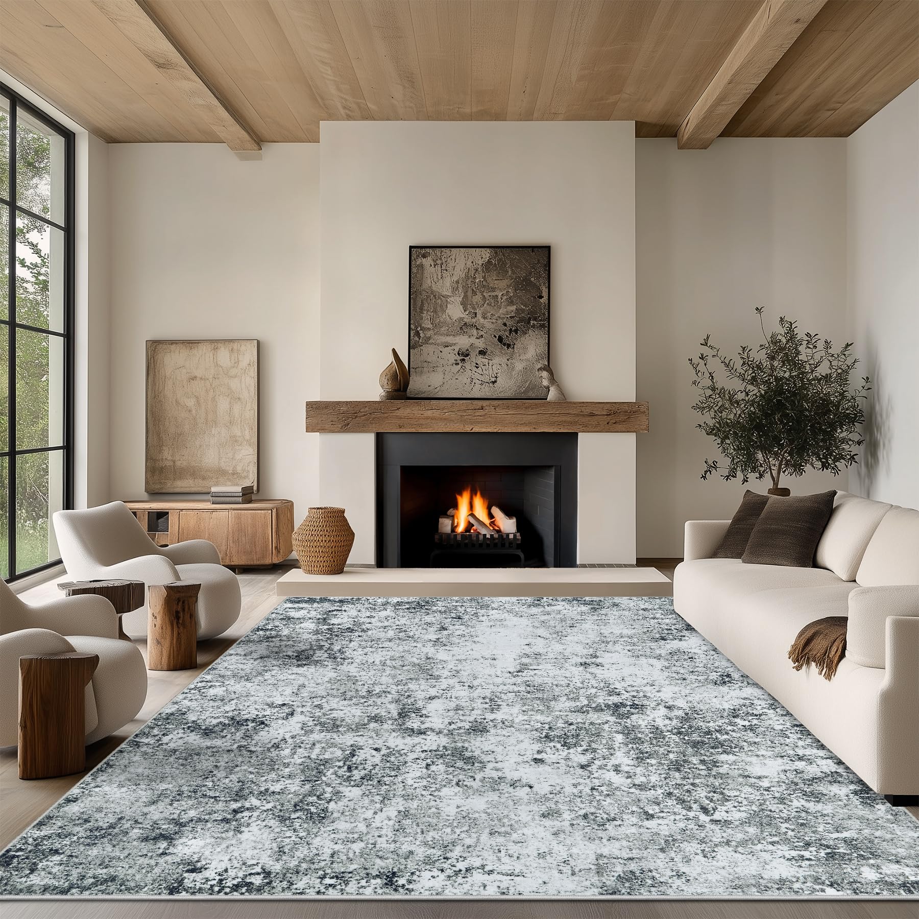 5x7 Area Rug Living Room Rugs - Washable Rug Large Modern Abstract Soft Thin Carpets Indoor Floor No Slip Vintage Carpet for Bedroom Under Dining Table Nursery Home Office Decor Gray White