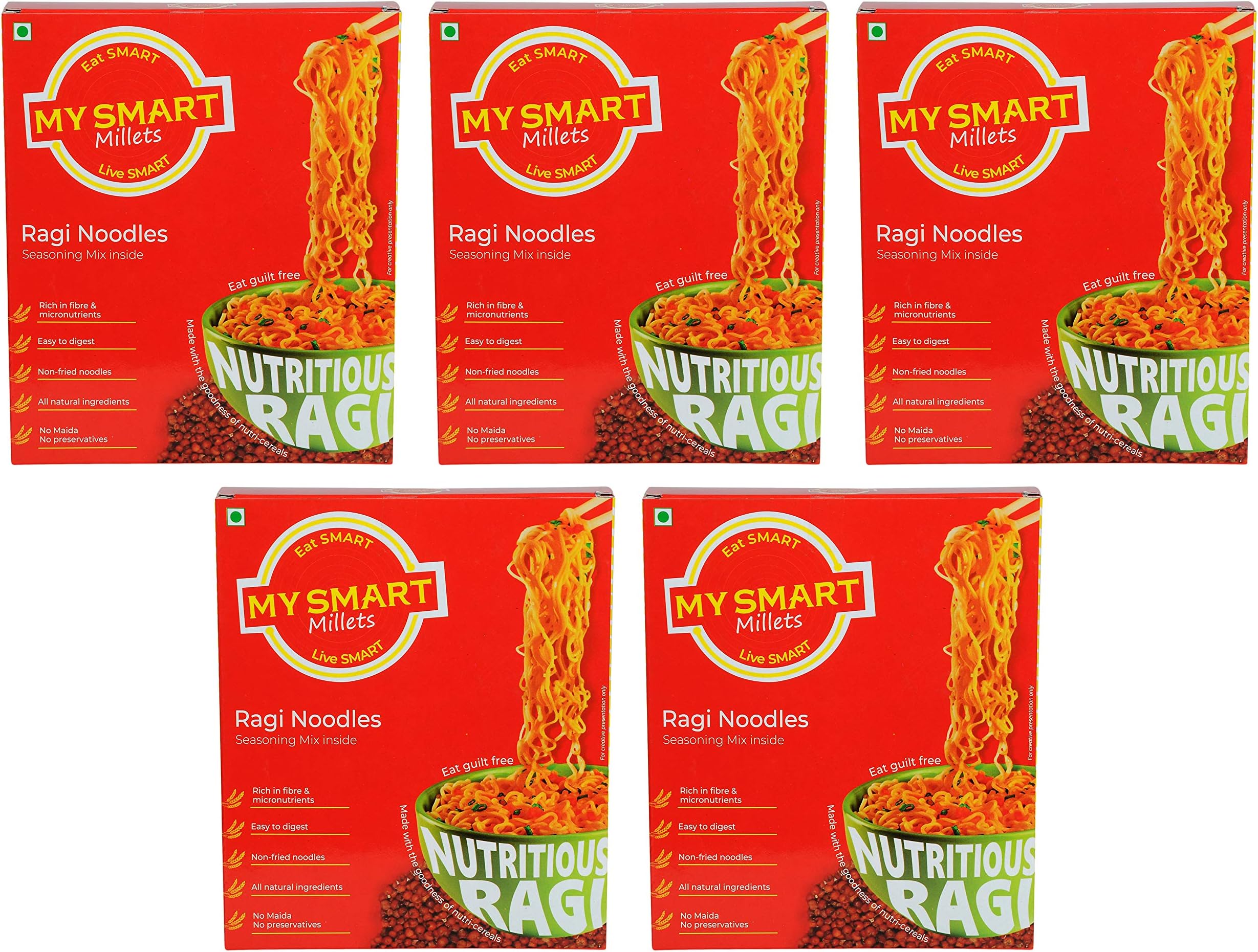 MY SMART MILLETS Ragi Noodles, 75 Grams Each (Pack of 5) (No Maida, No Oil, No Preservatives)