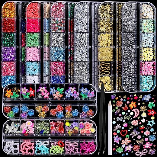 FANDAMEI Nail Charms, 8-Box Nail Charms and Gems, Fruit Bow Hawaii Flowers Petals 3D Nail Art Charms Bulk, Charms Y2K for Nails, Colorful Bubble Beads Nail Rhinestones, Gold Studs Nail Pearls for DIY