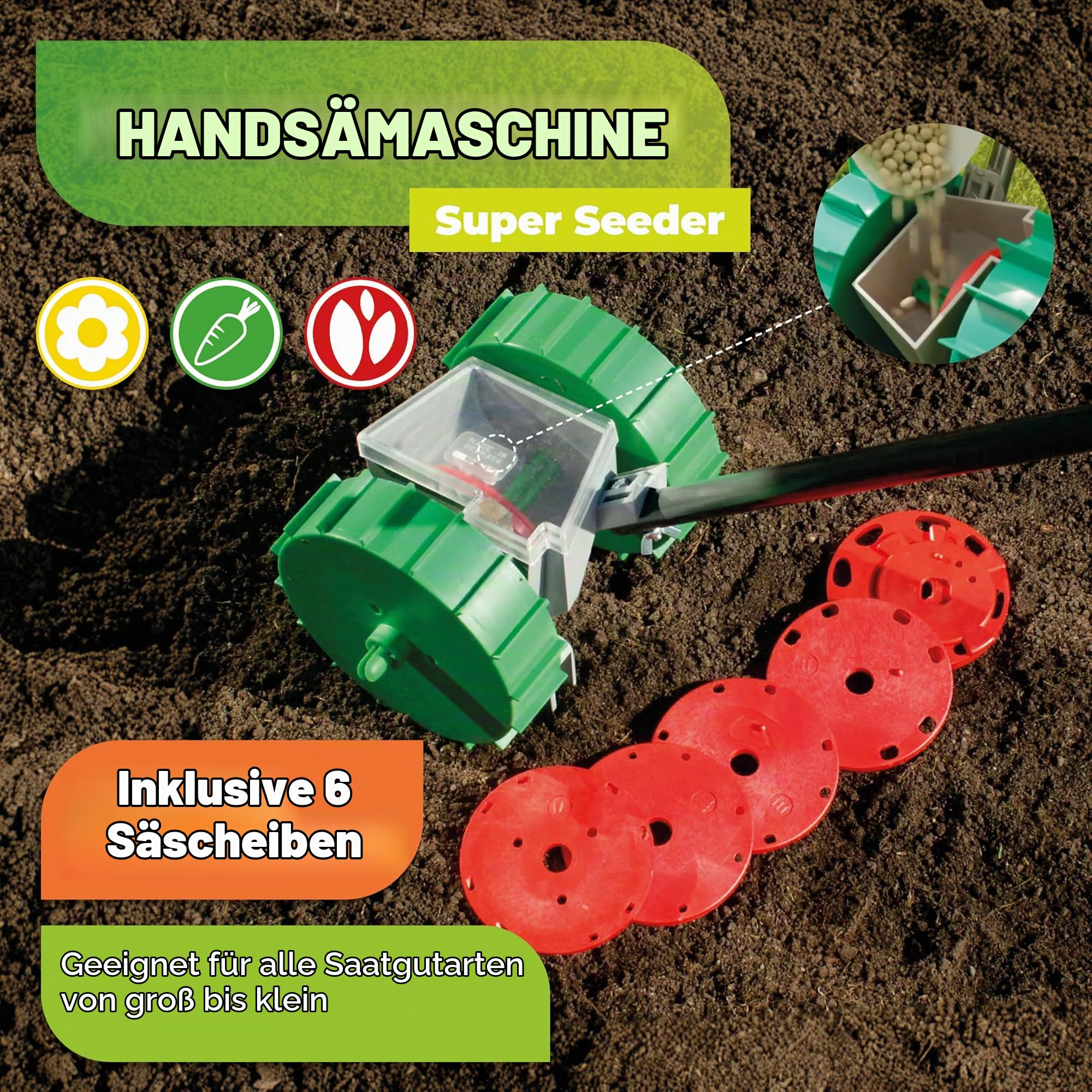 BioGreen Handsämaschine SUPER Seeder | für alle Gemüsesorten | inkl. 6 Saatgutscheiben | vers. Saatabstände | Sämaschine - Furchen, Säen und Abdecken