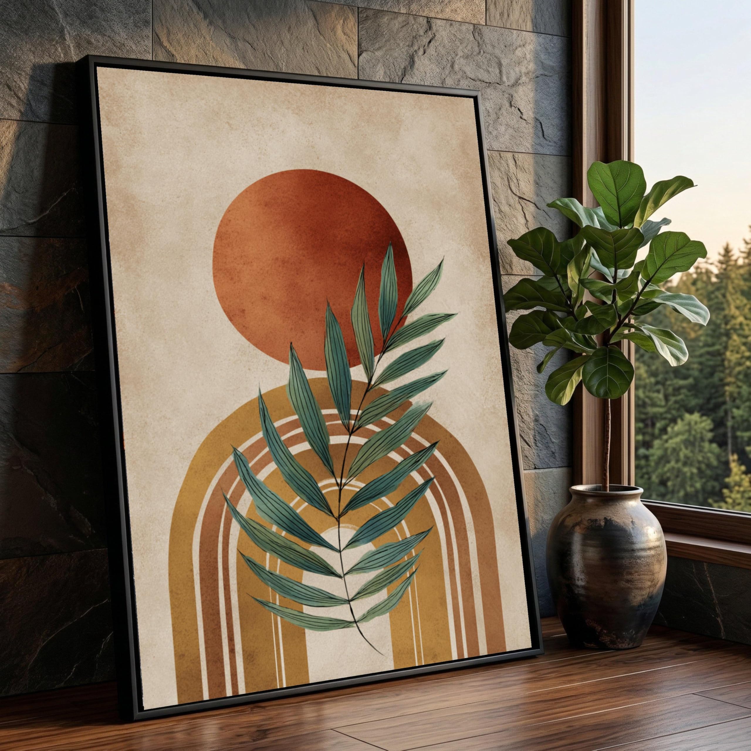 Abstrakcyjne liście plakat na płótnie w stylu boho, połowy wieku botaniczny łuk słoneczny łuk ścienny natura dekoracyjne dzieła sztuki (70 x 100 cm / wewnętrzna rama)