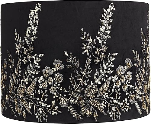 Springcrest - Pantalla de lámpara con estampado de tambor de respaldo duro, terciopelo floral negro y dorado, tamaño mediano de 15 pulgadas de parte disponible en Yaxa Colombia
