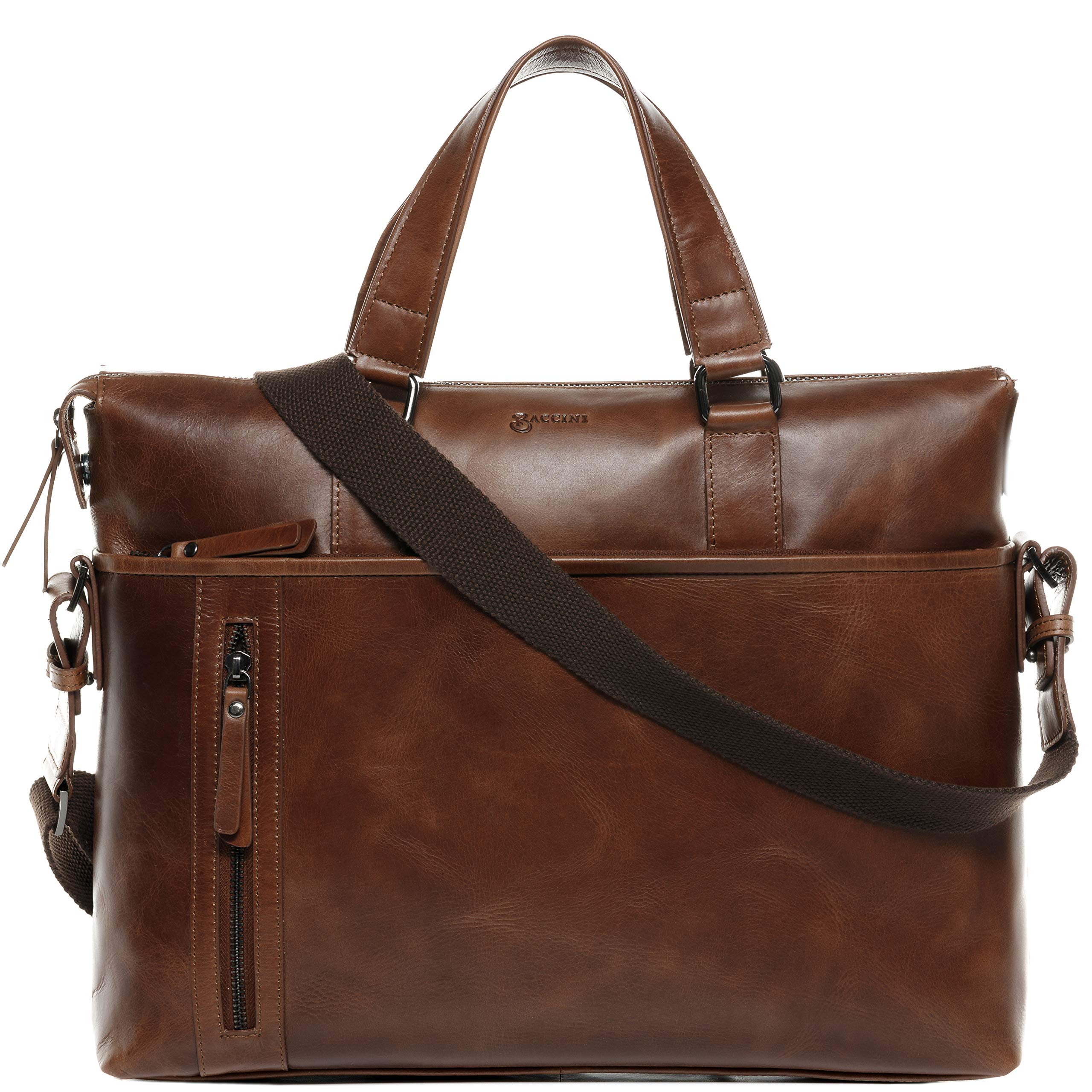 BACCINI Sac bandoulière Ordinateur Leandro | Compartiment 15" Laptop Cuir véritable | Sacoche Porte-Document en bandoulière Grand Homme Marron | Sac Messager école Etudiante Travail Fait à la Main