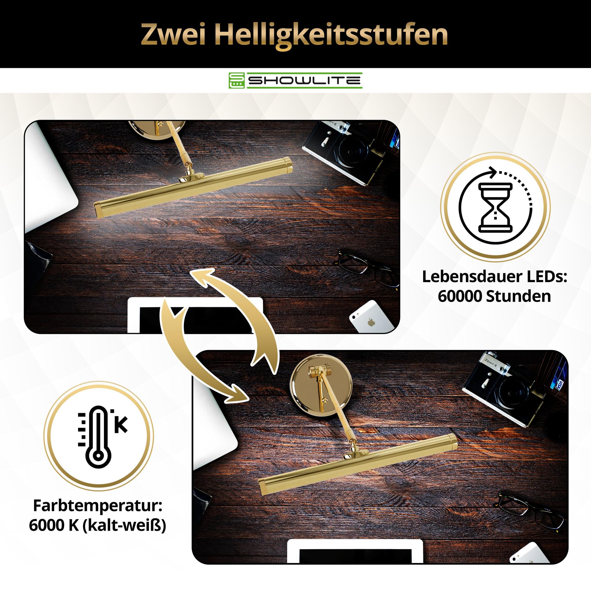 Showlite PL-1-GD-KW LED Lampada per Pianoforte - Lampada per pianoforte con 15 LED - luce bianco freddo a 2 livelli - altezza 36 cm - alimentazione via USB, rete o batteria - oro lucido