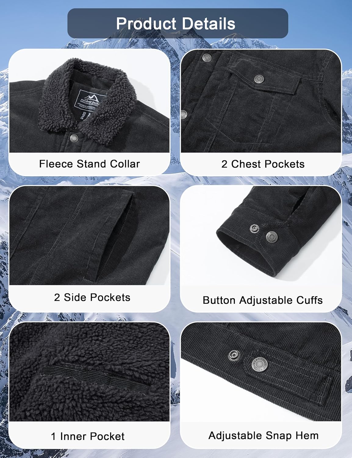 CRYSULLY Men's Corduroy Jacket Cotton Sherpa Lined Jacket Turn-Down Collar Jackets with 5 Pockets - Image 5