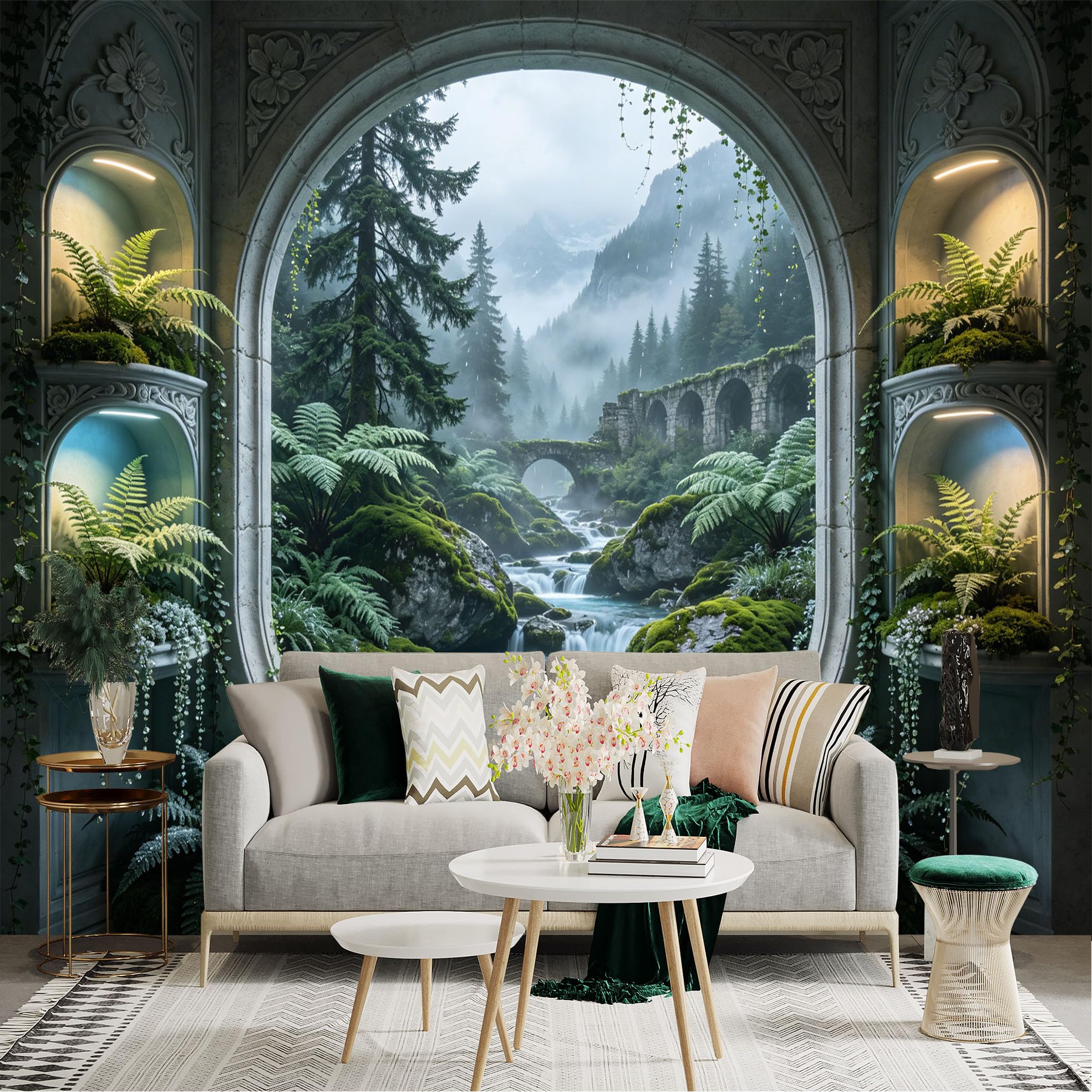 Custom Size Wall Sticker Mural， Fantasy Forest Waterfall with Stone Bridge and Misty Mountains， for wall Decoration， peelandstick wall Decals.