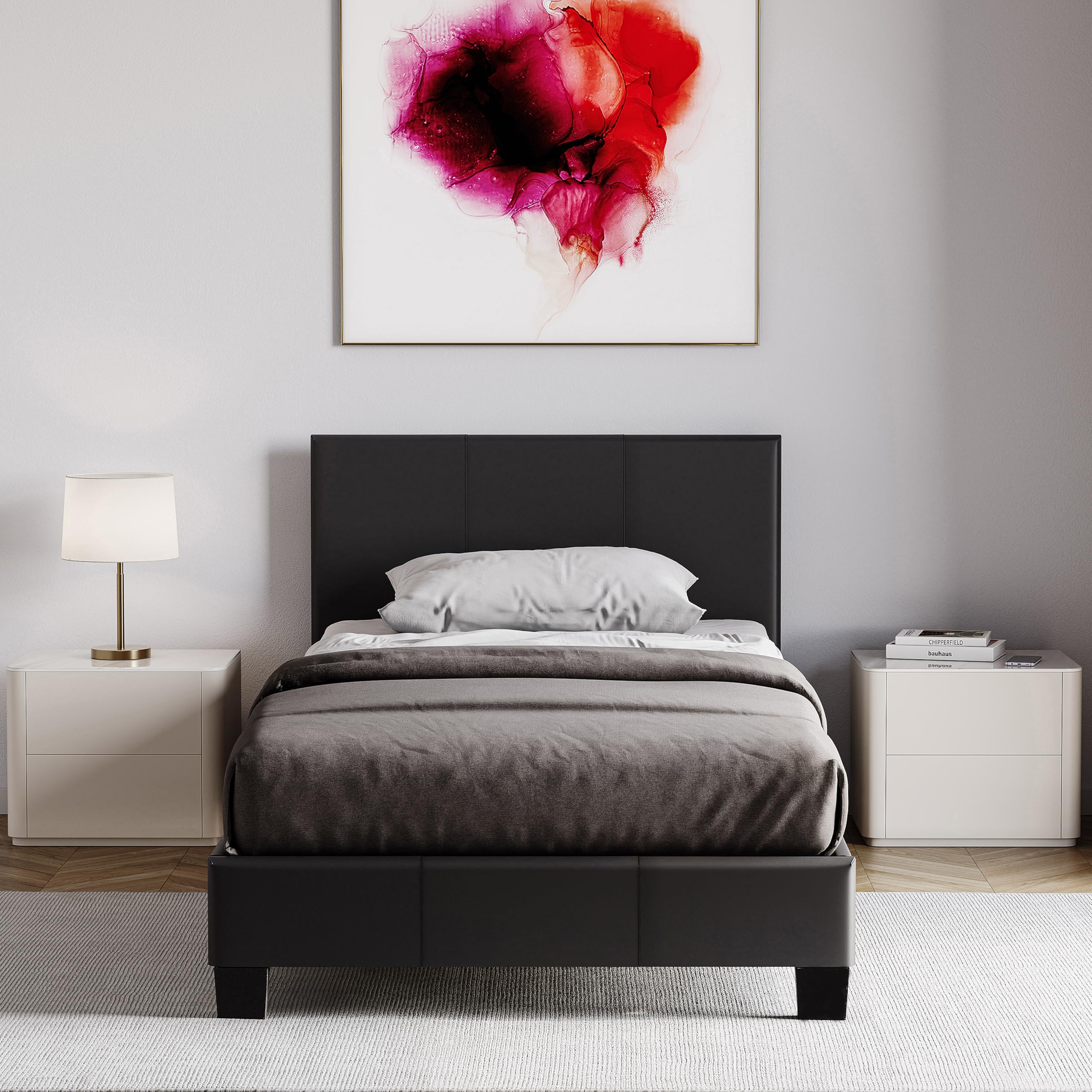 Vida Designs Lisbon Single Faux Leather Bed, Black & Gel Memory Foam Pocket Spring Mattress, Single