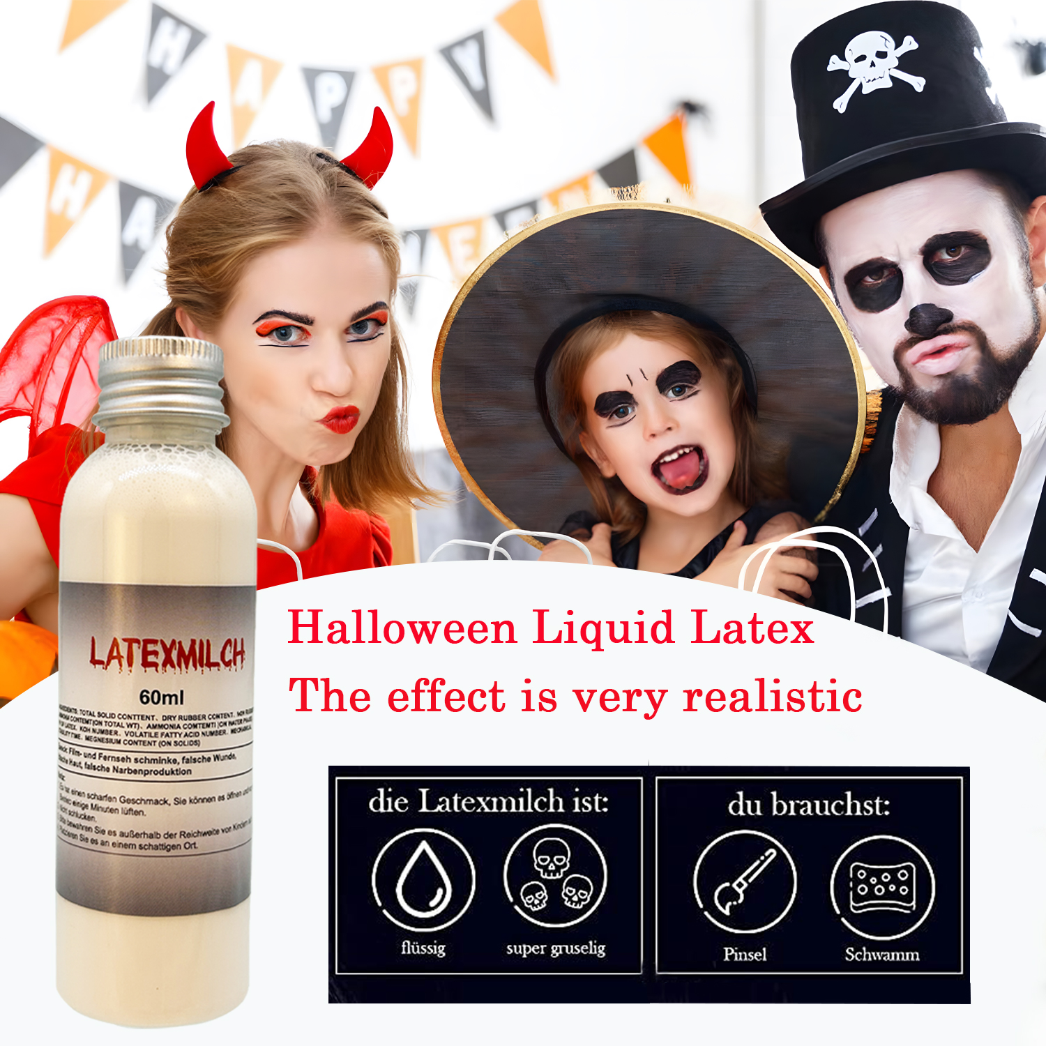 Zkaoai Sangre Artificial 100 Ml + Látex Líquido 60 Ml – Kit De Maquillaje Para Halloween Con Esponjas Y Espátula, Efecto Realista Para Heridas Y Cicatrices