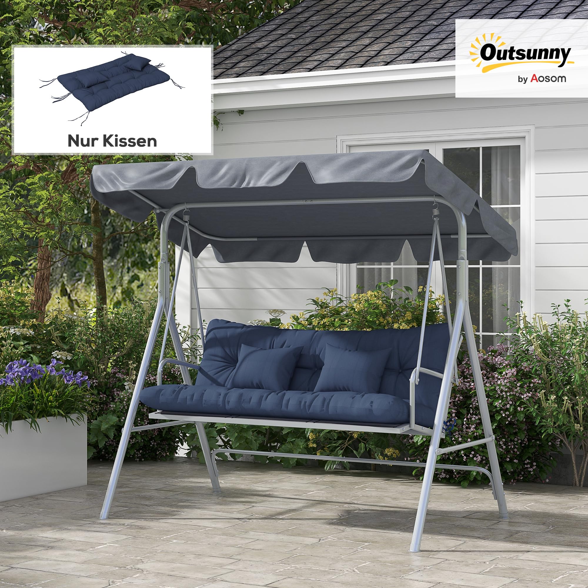 Outsunny Juego de 4 cojines de asiento, 150 x 50 cm, resistentes al agua, con lazos, diseño anudado, 10 cm de grosor, acolchado para columpio, cojín para asiento, para casa, jardín, sofá, azul marino