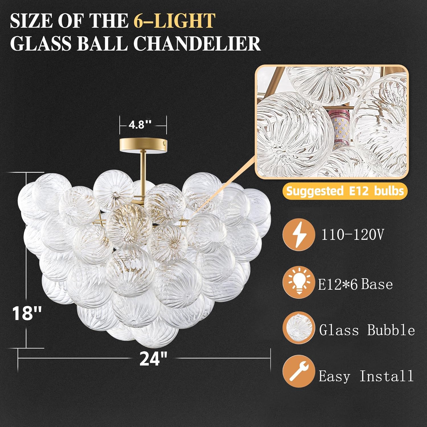 Semi Flush Mount Bubble Ball Chandelier 24" Clear Swirled Ribbed Blown Glass Globe Gold Chandeliers Ceiling Light Fixture for Dining Living Room Bathtub Bathroom