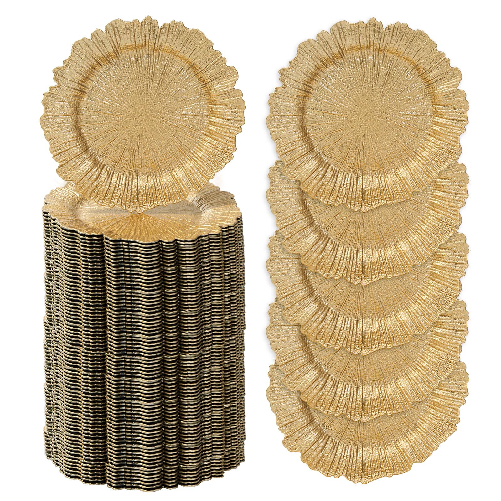 Photo 1 of MAONAME 13" Gold Charger Plates Set of 100, Plastic Reef Plate Chargers Bulk, Round Charger for Dinner Plates, Table Chargers for Wedding Decor