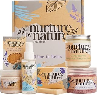 Nurture by Nature 6-Piece Relaxing Lavender Self Care Gift Set for Women - Bath Bomb, Scented Candle, Body Scrub Spa Basket for Mother's Day & Valentine's