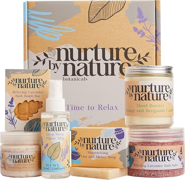 RELAX & CALM | Pamper Spa Gift Set For Women By Nurture By Nature | Bath Set | Lavender, Bath Salts, Aromatherapy, Soap, Bath Bombs, Candle & MORE | Valentines Day Gift set for women, men