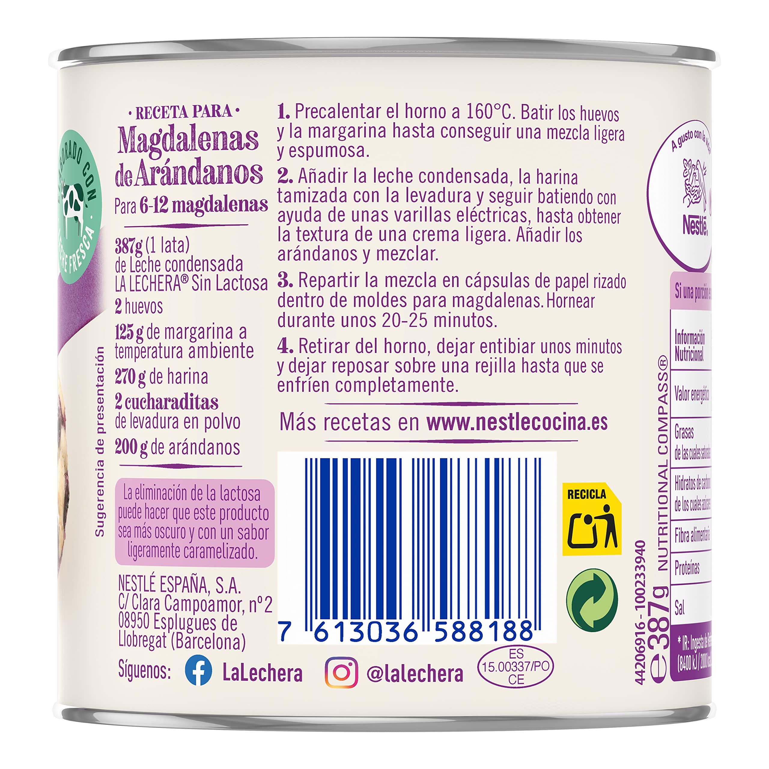 NESTLÉ LA LECHERA leche condensada desnatada Sin Lactosa Lata 6x387g