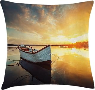 Ambesonne Lake House Throw Pillow Cushion Cover, Small Boat on The Water with Horizon and Overcast Dramatic Sky Harbor Home, Decorative Square Accent Pillow Case, 16" X 16", Pale Yellow